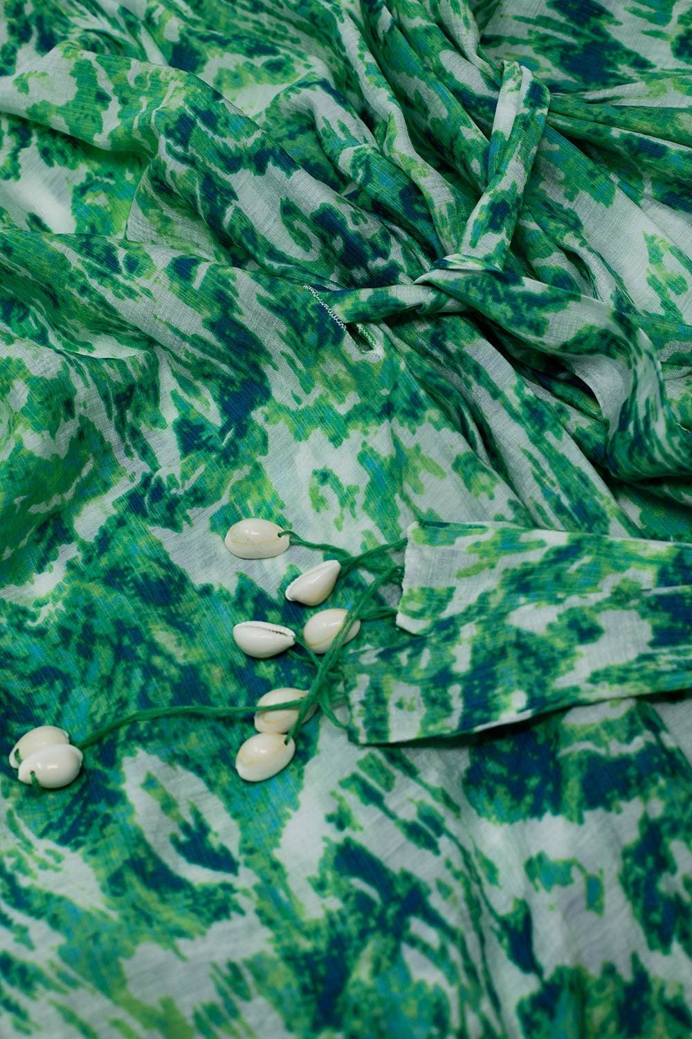 Green Long Kimono With Drawstring Closing in Tribal Print
