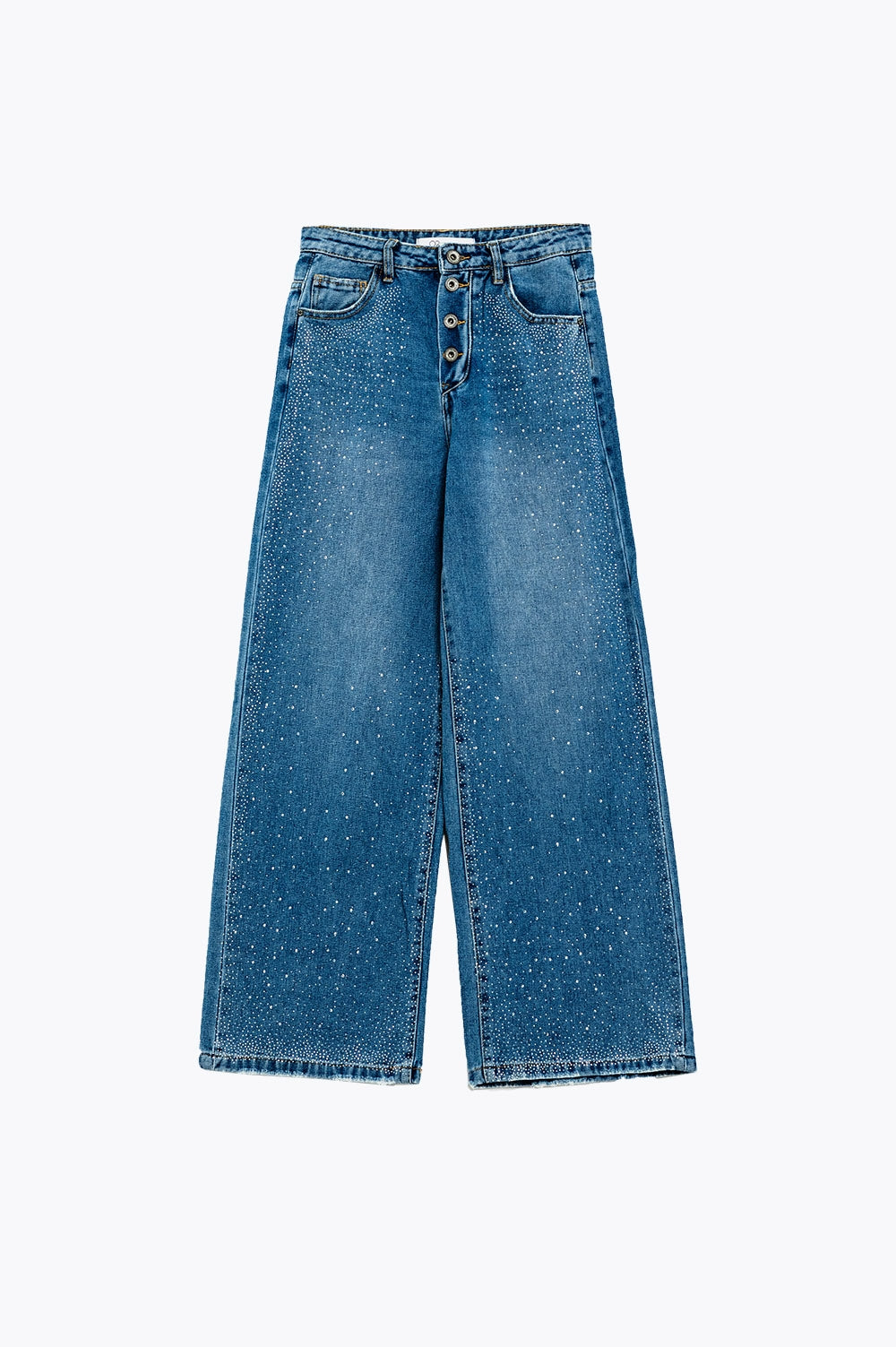 Wide Leg Jeans With Exposed Buttons And Stras Details in Mid Wash