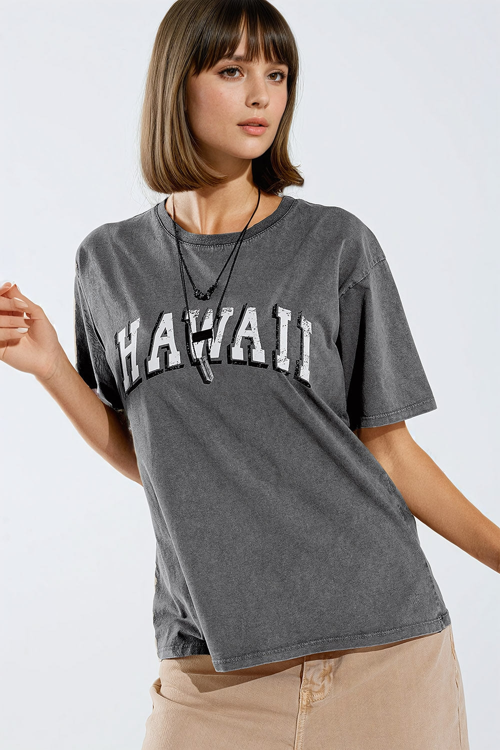 Washed Effect Hawaii T-Shirt In Grey
