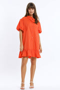 Relaxed Shirt Dress With Balloon Short Sleeves and Ruffle In Orange