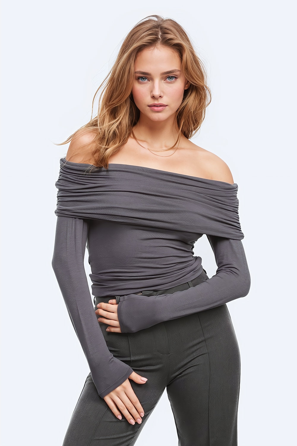 Bodycon Off Shoulder Top In Grey