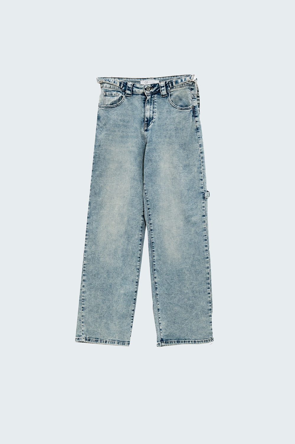 Cargo Style Bleached Jeans With Belt Like Strap Details At The Waist