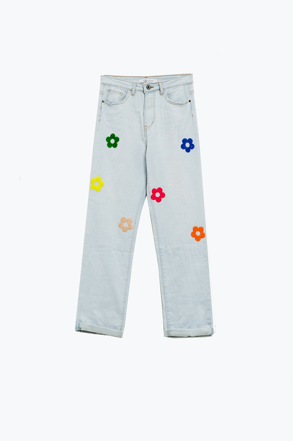 Bleached Relaxed Jeans With Multicolor Floral Design