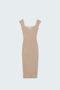 Beige midi thick rib bodycon dress with cap sleeves