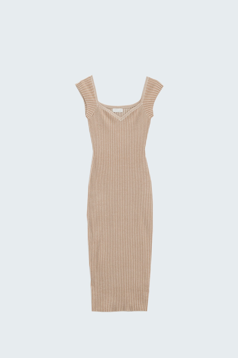 Beige midi thick rib bodycon dress with cap sleeves