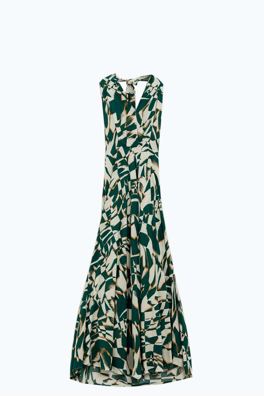 Halter Midi Dress with Cinched Waist In Abstract Green and White Print