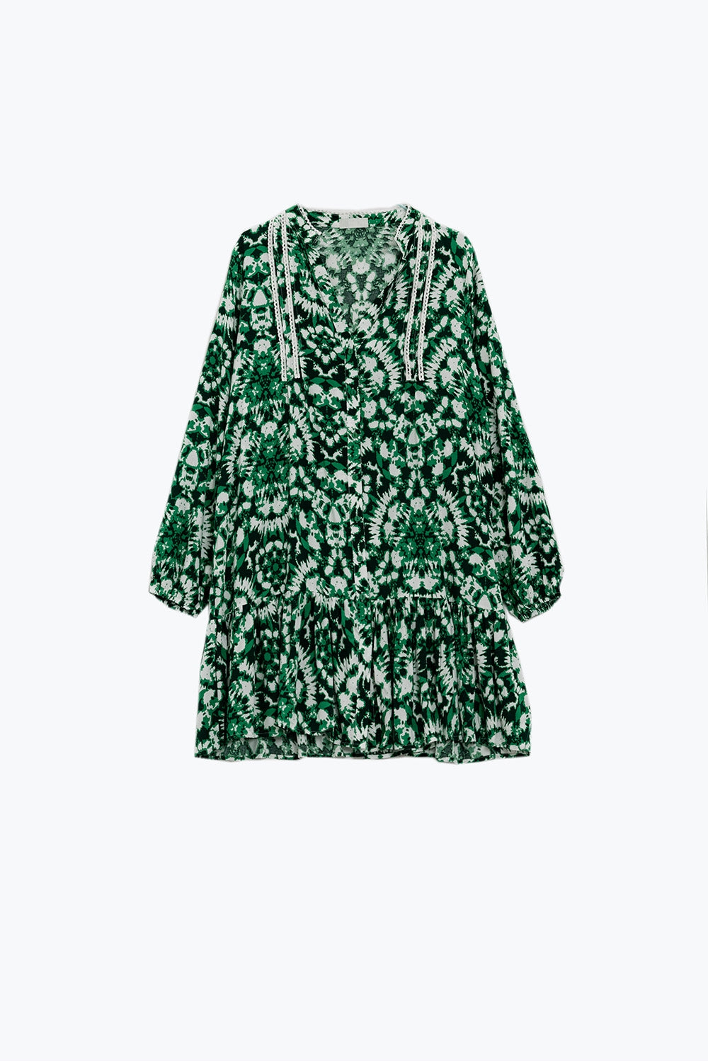 Tie Dye Print Short Dress With Long Sleeves And Lace Trim in Green