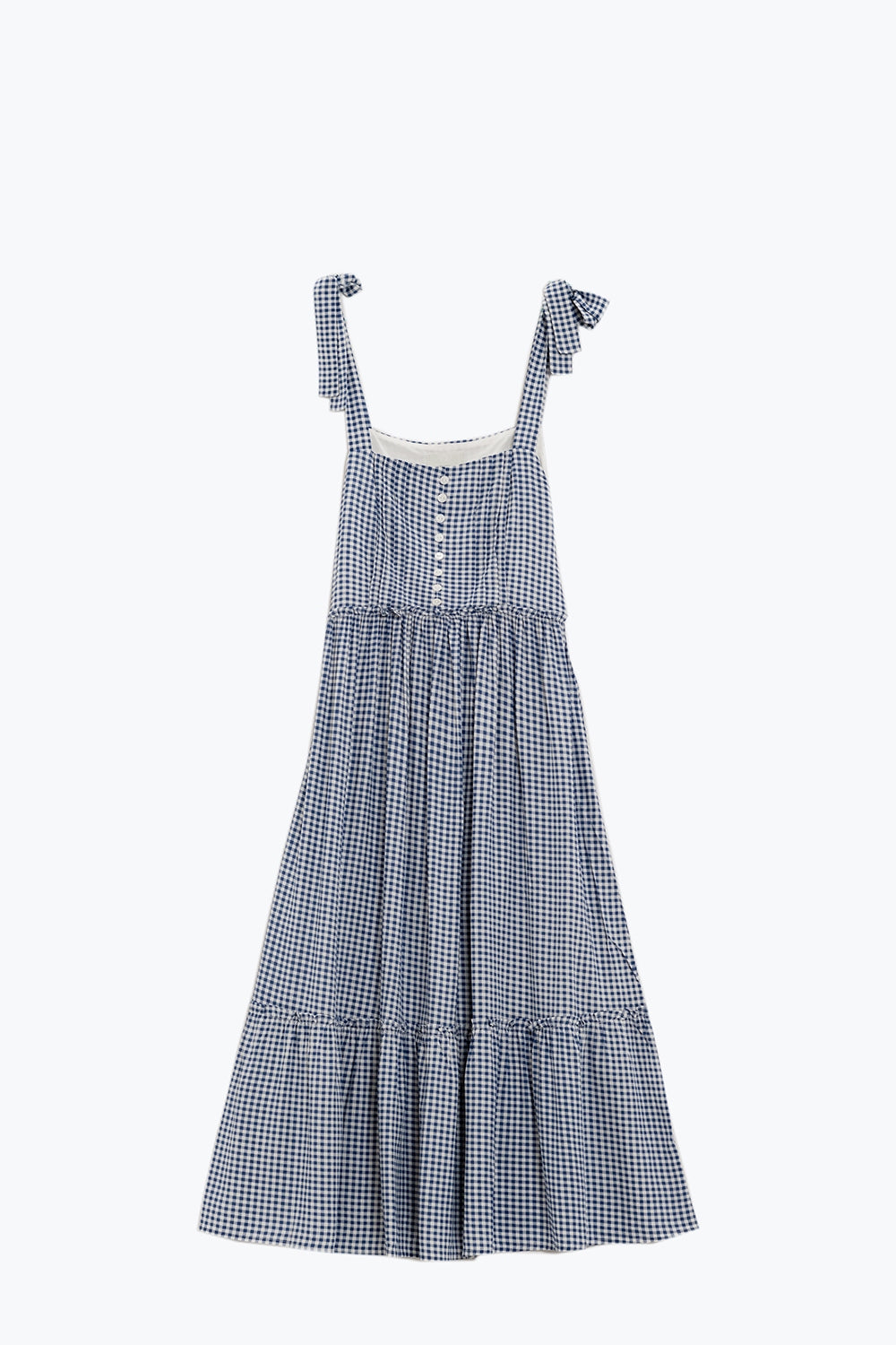 Blue and White Gingham A-line Dress With Adjustable Straps