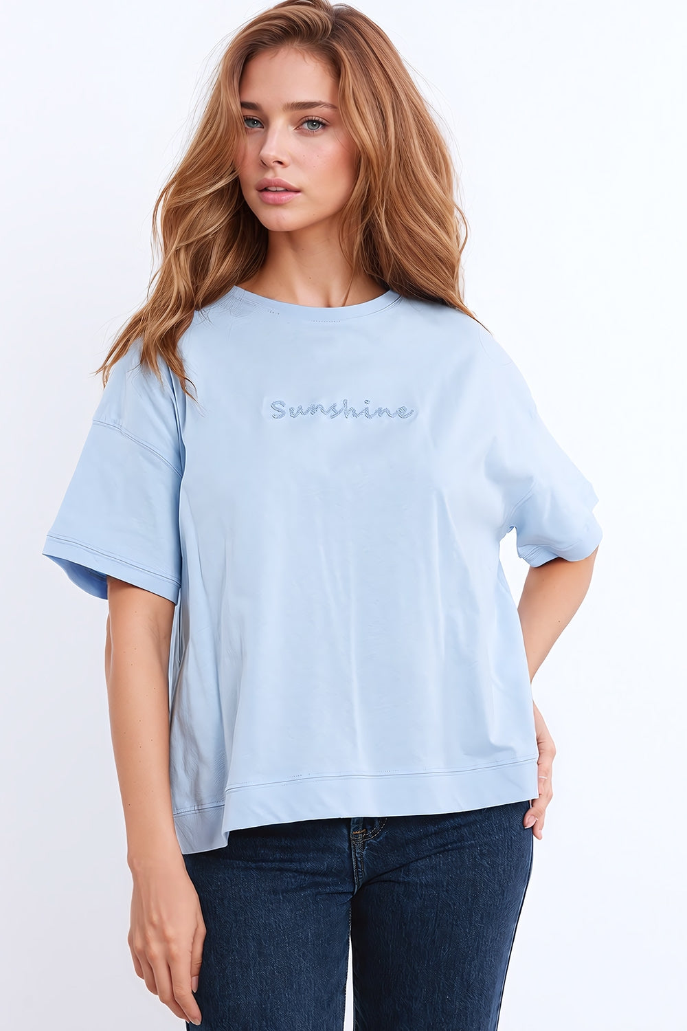 Sunshine oversized T-shirt with textured text at the front in blue