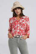 Relaxed red Floral Print Blouse With Bell Sleeves
