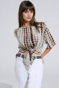 Khaki Tie Dye printed t-shirt with knot on the front