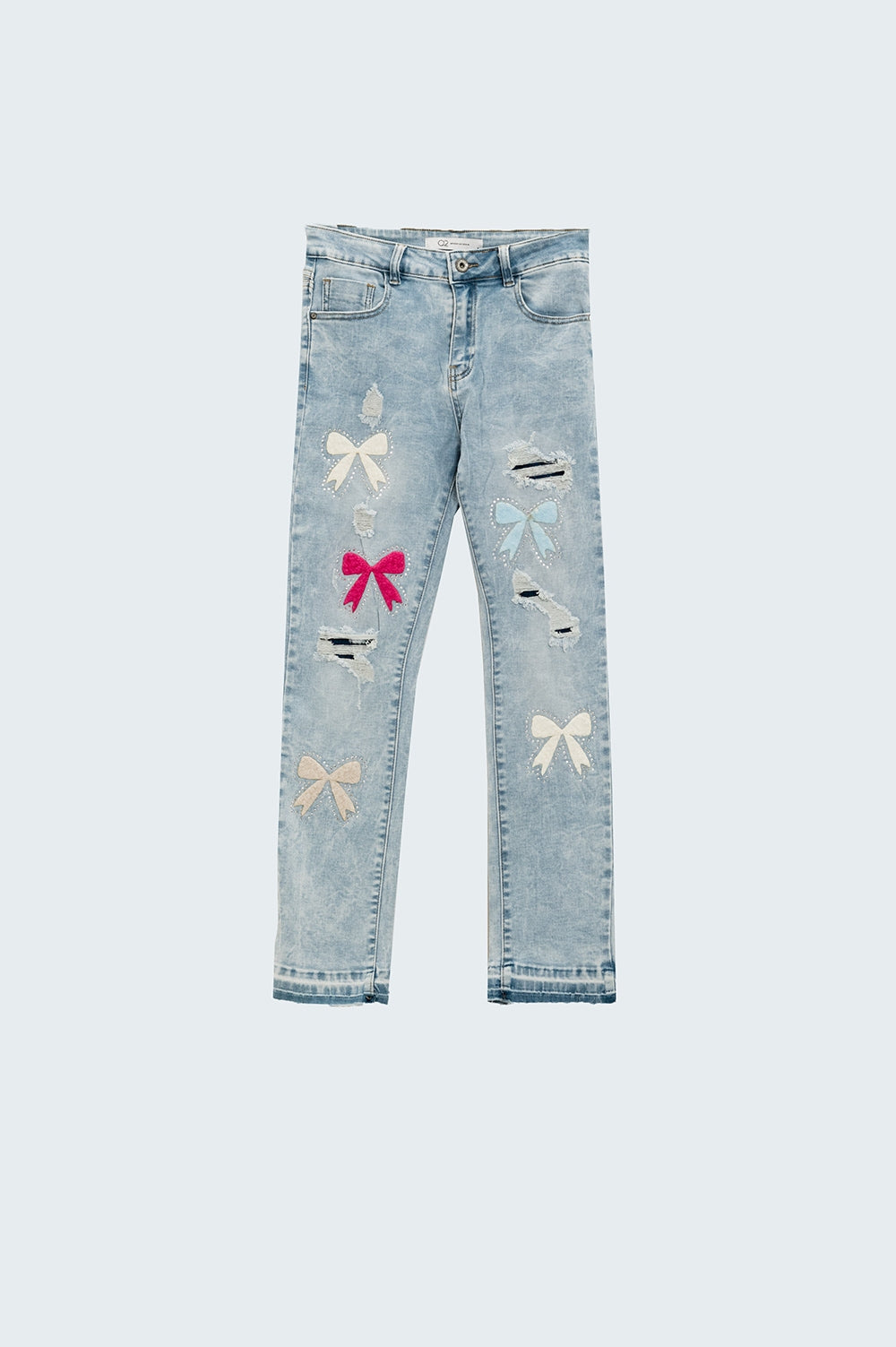 Light Blue super Skinny Jeans With Bow ties and Ripped Holes