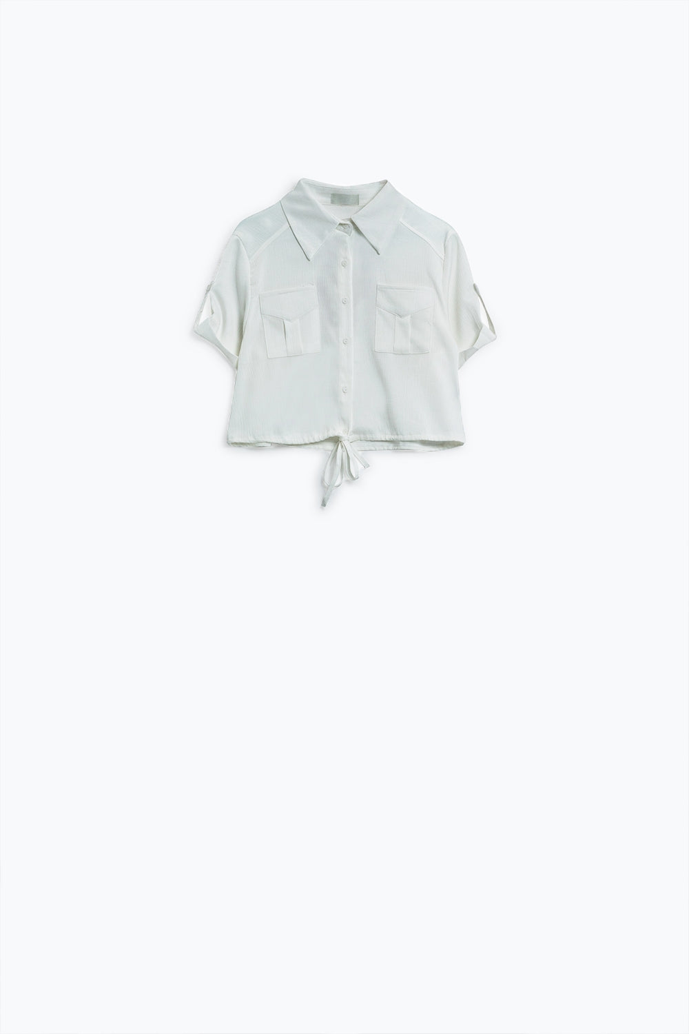 White Short satin Blouse With Chest Pockets And Drawstrings At Bottom