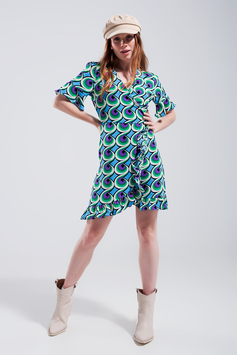 Wrap ruffle hem mini dress in 70s blue print