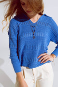 Crochet Knitted Jumper In V-neck With Polo Collar in Blue