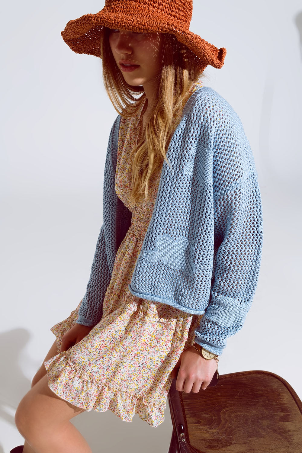 Crochet Cardigan With Knitted Clouds In Blue