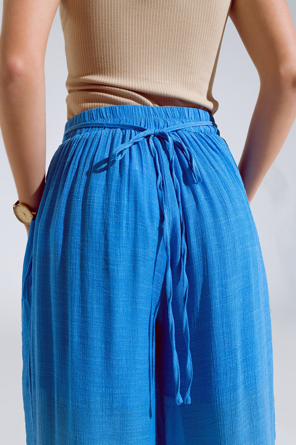 Blue Palazzo style Pants With Side Pockets And Thick Waist Band