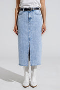 Light Denim Midi Skirt With Front Slit And Diamante Embellishment