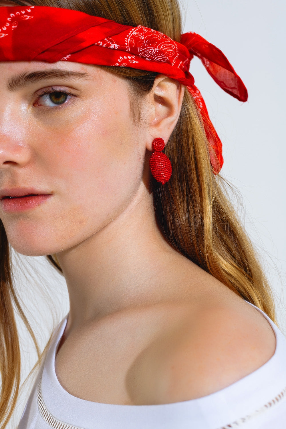 Oval Shape Beaded Earrings in Red