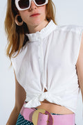 Mao Collar Sleeveless White Button up Blouse