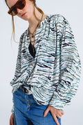 White Blouse With Green Animal Print And Long Sleeves