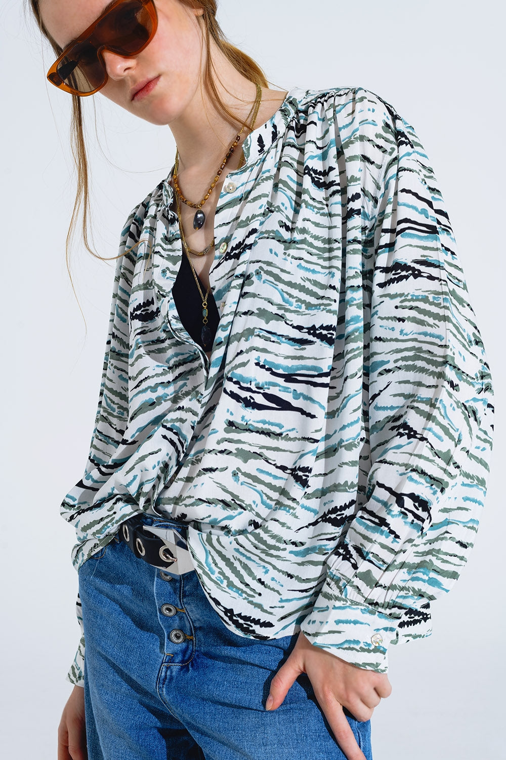 White Blouse With Green Animal Print And Long Sleeves