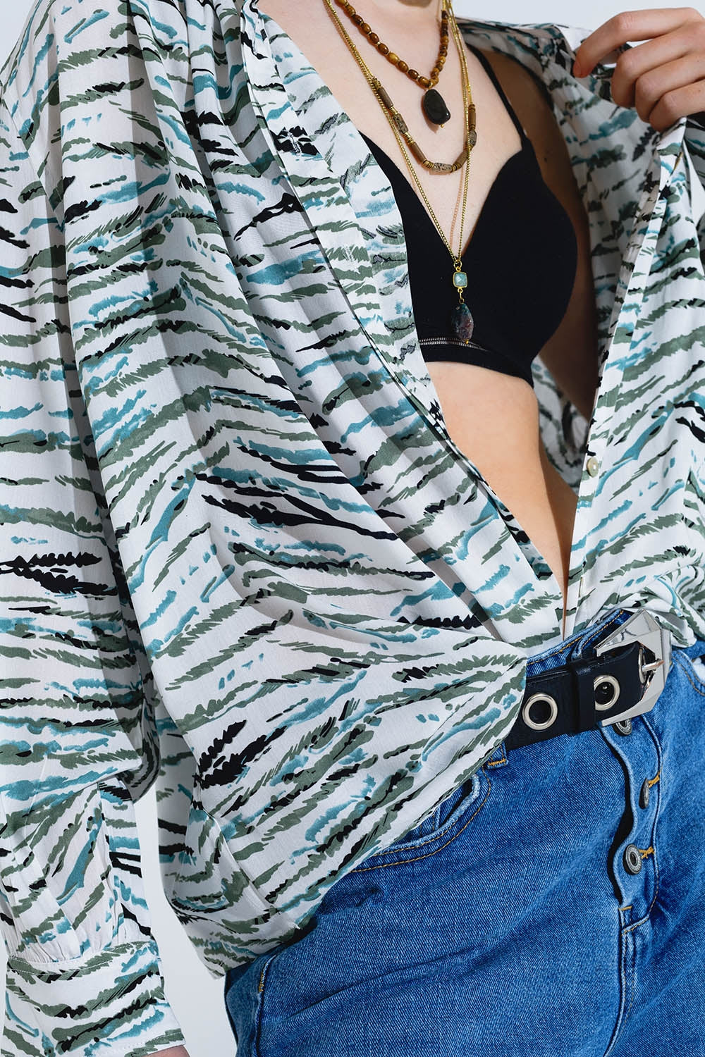 White Blouse With Green Animal Print And Long Sleeves