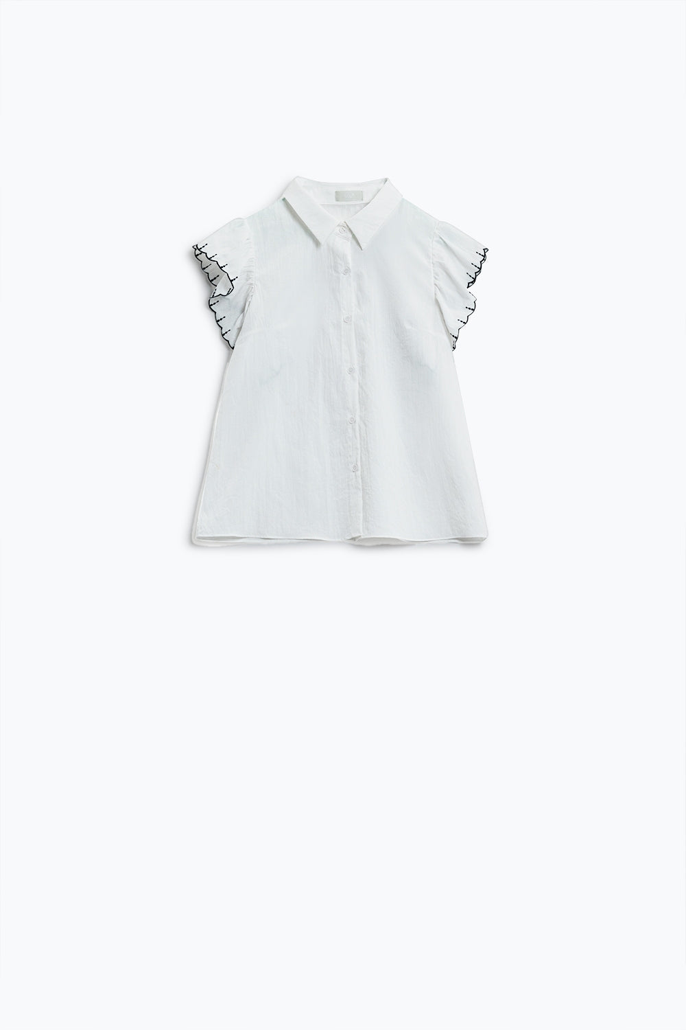 White Button Up Shirt With Polo Collar And Ruffled Sleeves With Black Trim