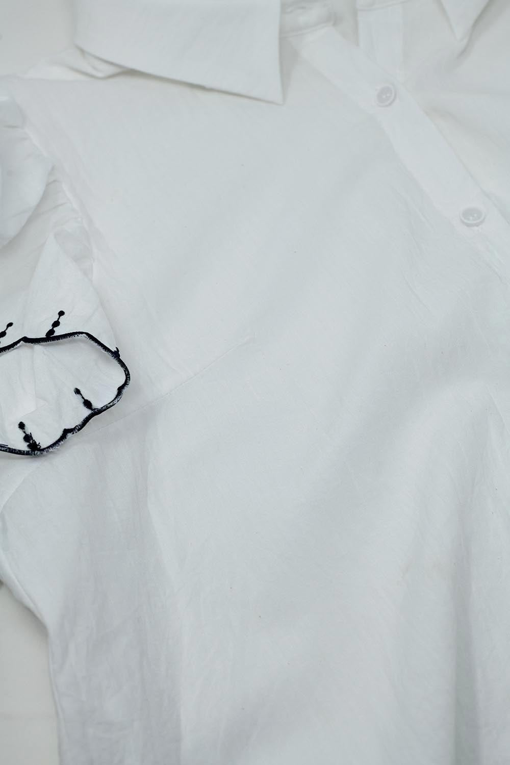 White Button Up Shirt With Polo Collar And Ruffled Sleeves With Black Trim