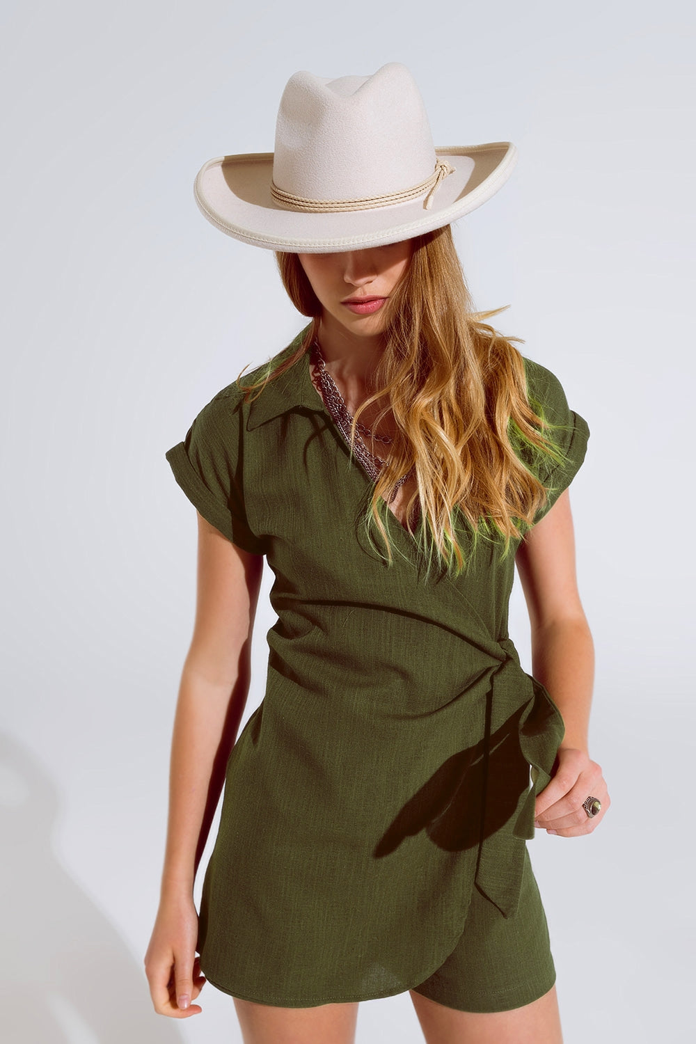 UNIKCOSA Khaki playsuit With Tie Closing At The Side