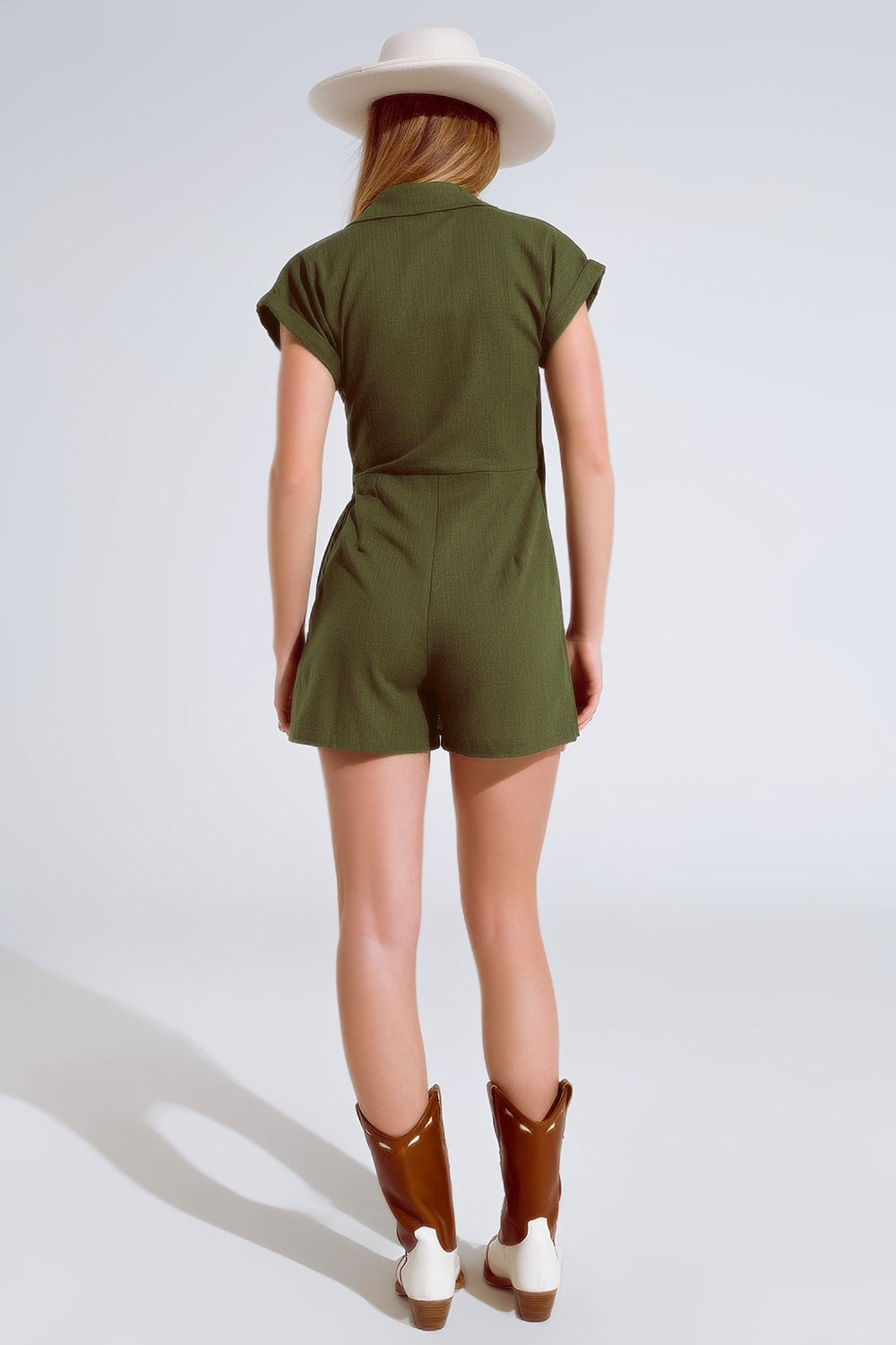 UNIKCOSA Khaki playsuit With Tie Closing At The Side