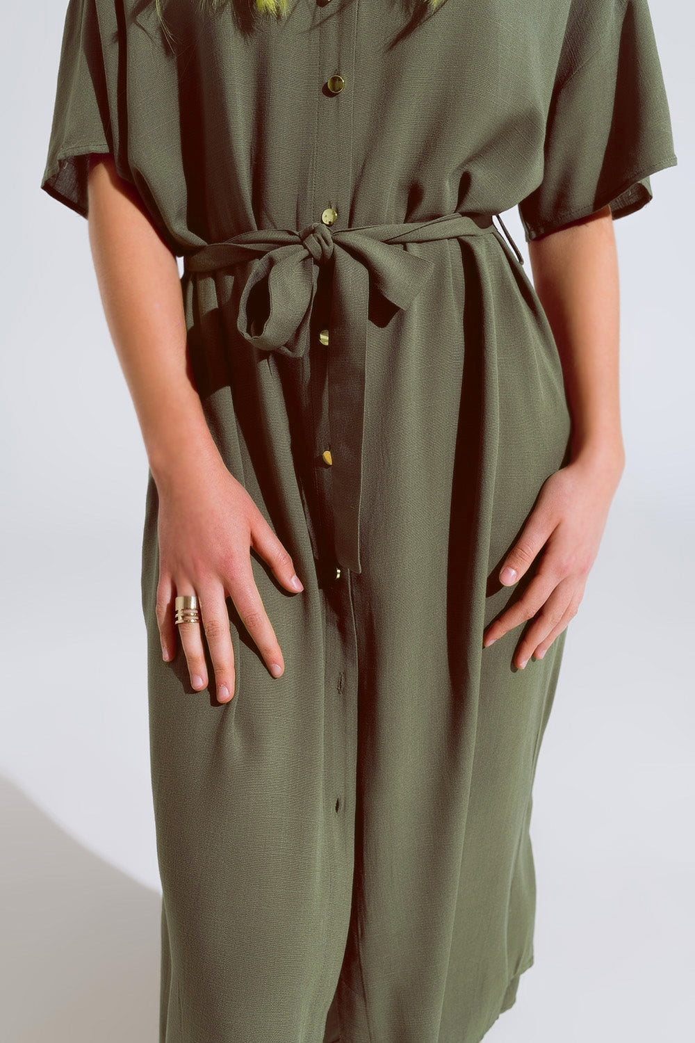 Khaki Midi Button Down Dress With Short Sleeves and Matching Belt