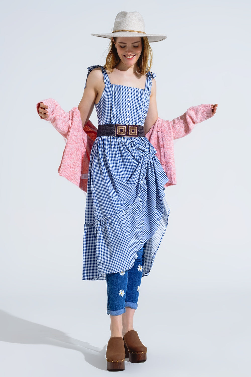 Blue and White Gingham A-line Dress With Adjustable Straps