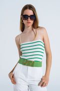 Striped White and Green Top With Square Neckline