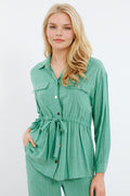 Tie waist long sleeve shirt in green