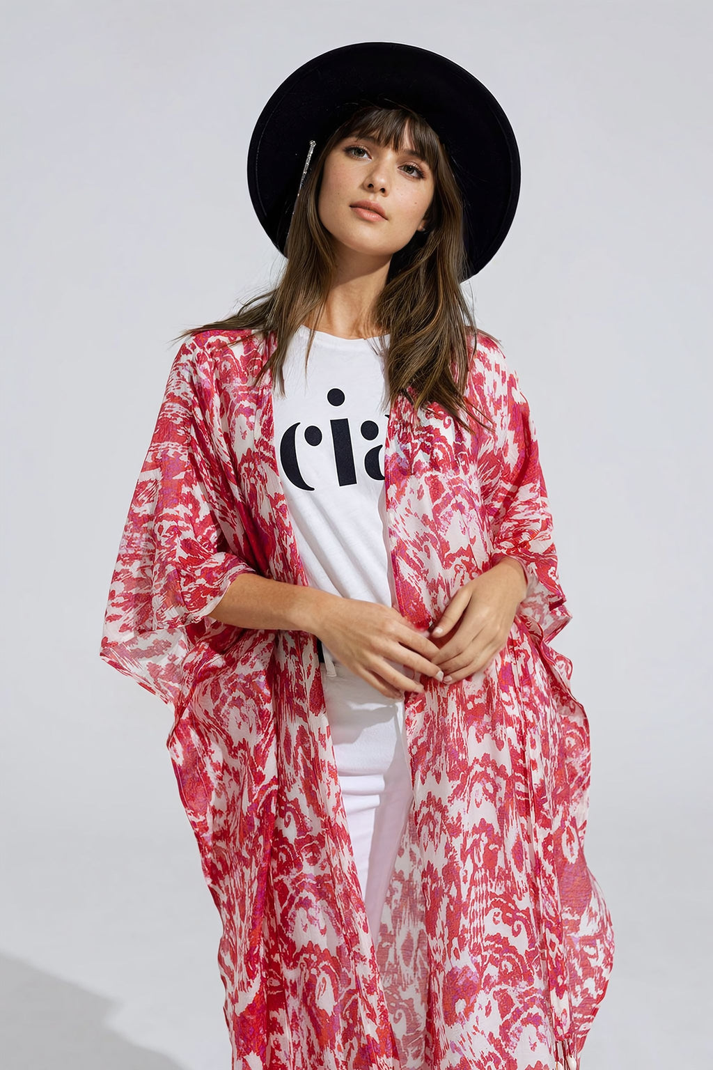 Red Long Kimono With Drawstring Closing in Tribal Print