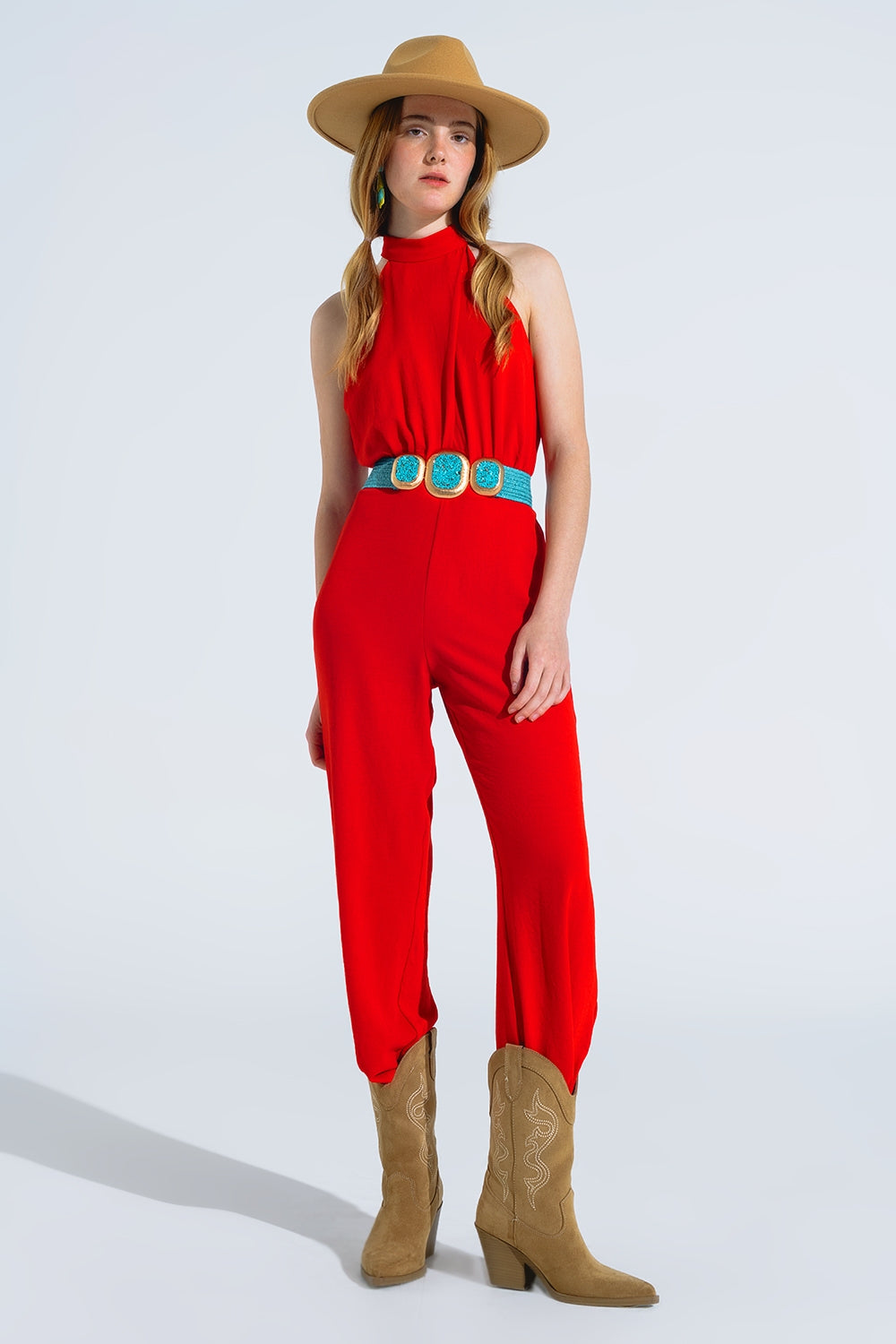 UNIKCOSA Red Jumpsuit With Crossed Halter Neckline