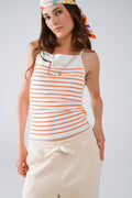White top with orange stripes and thin straps