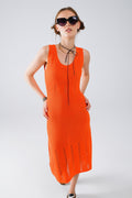 Sleeveless orange knit midi dress with round neck