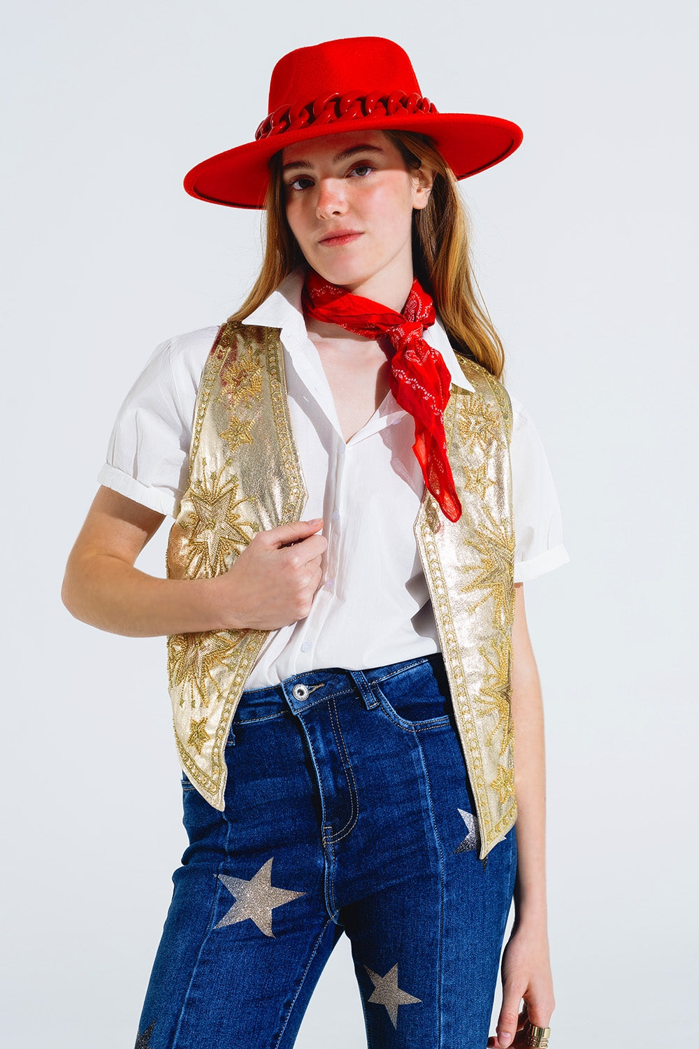 Open Vest With Embroidered Stars in Gold
