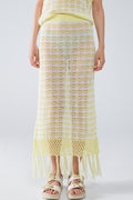 Midi Crochet White Skirt With Yellow Stripes and Fringe Hem