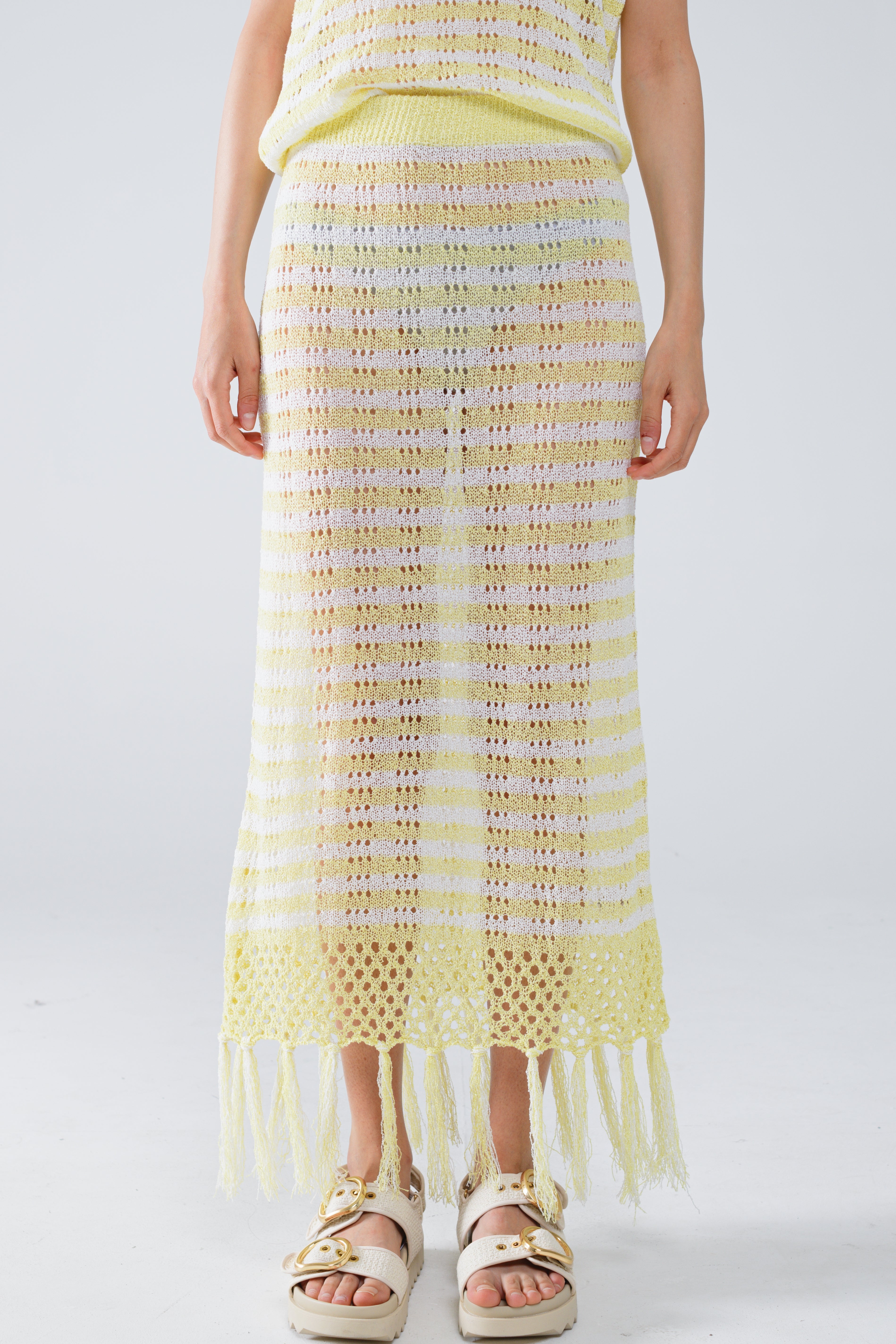 Midi Crochet White Skirt With Yellow Stripes and Fringe Hem