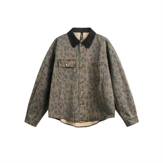 UNIKCOSA Velora Leopard Print Denim Shirt Long Sleeve 💫
