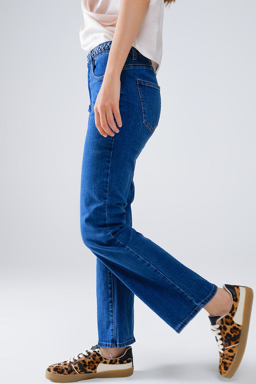 Basic Dark Blue Denim Jeans With Braid Detail At Waist — view 1 of 8