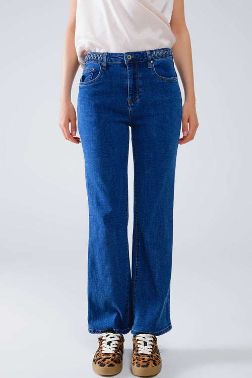 Basic Dark Blue Denim Jeans With Braid Detail At Waist — view 2 of 8