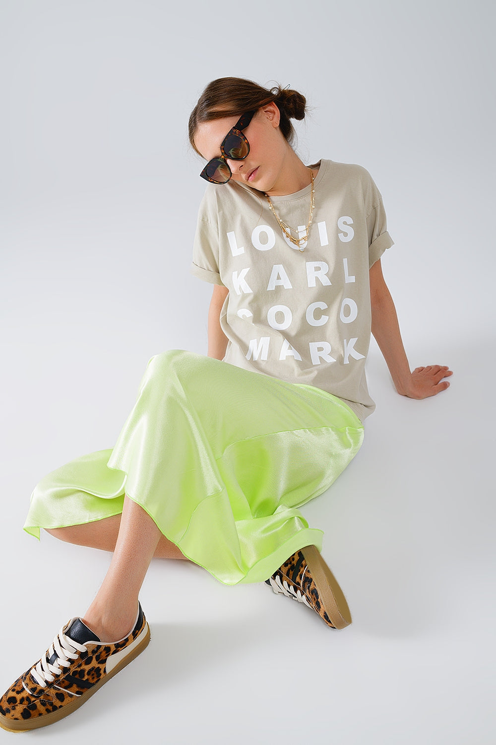 Lime maxi silk skirt with side slit