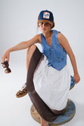 Denim Vest With Button Placket In Mid Wash