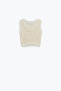 Open Knit Cropped Striped Sleeveless sweater in cream and White
