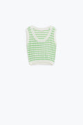 Open Knit Cropped Striped Sleeveless sweater in Green and White