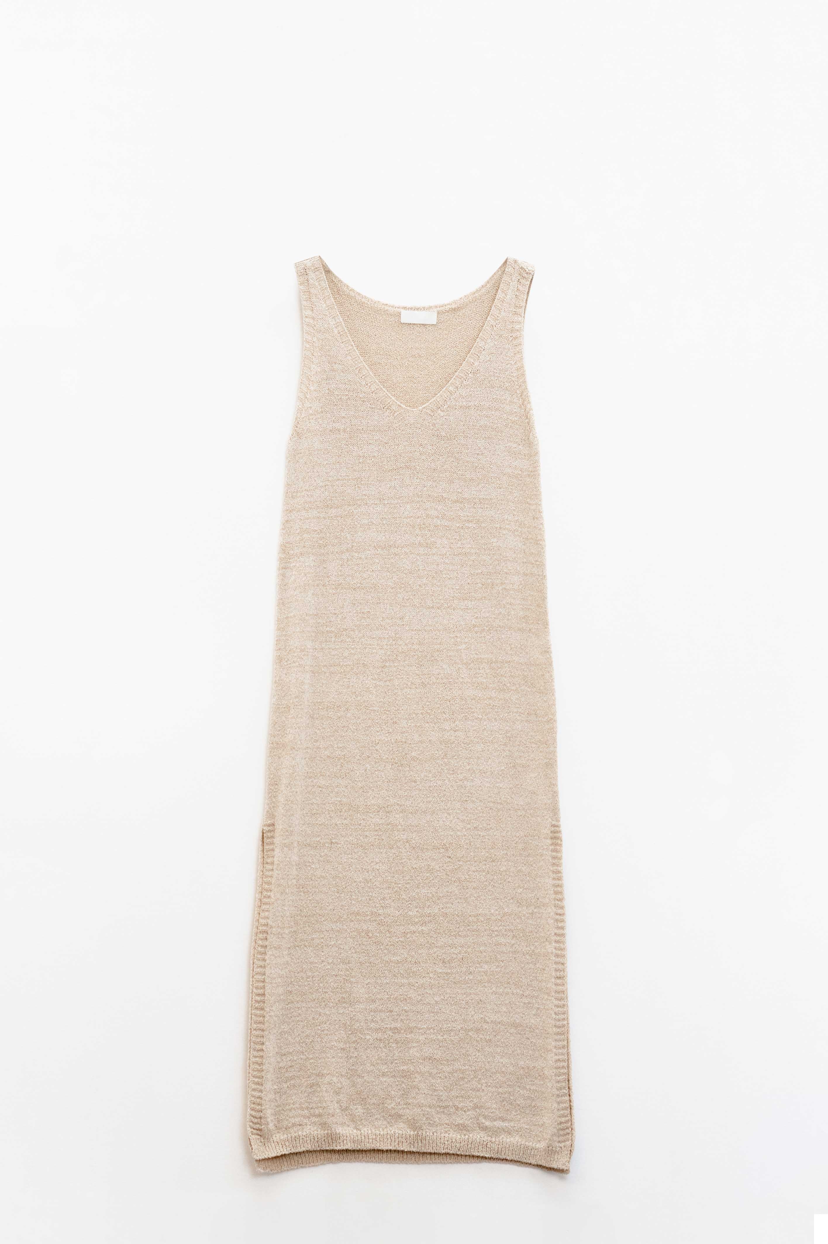 Sleeveless Maxi Beige Dress With Side Slit